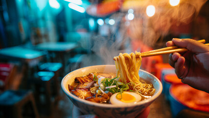 Hand holding chopsticks lifting steaming ramen noodles from bowl at night market © islamamar
