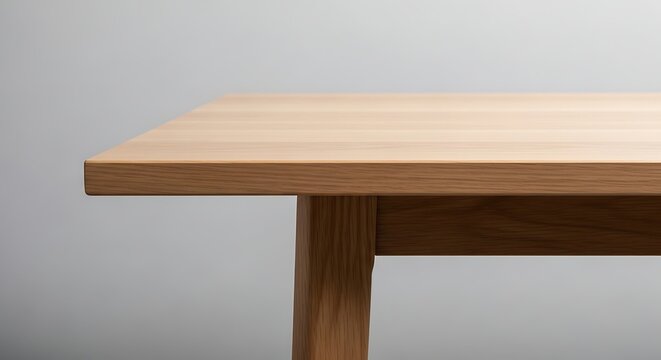 A closeup view of a wooden table with a light brown surface