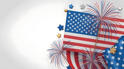 Obraz premium Patriotic American flag background with fireworks and stars celebrating national holidays.