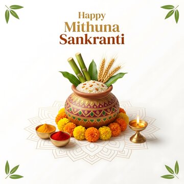 Mithuna sankranti celebration with traditional indian sweets flowers and diya lamp on white