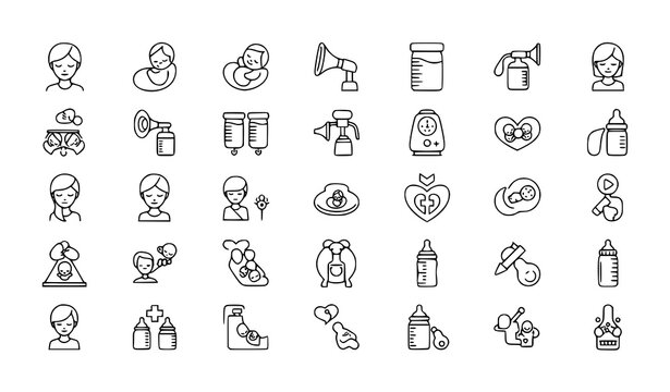 Breastfeeding and baby care outline icons vector collection with maternal nursing symbols isolated on white background