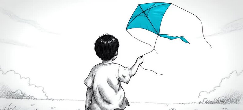 Little Boy Flying a Bright Blue Kite in a Sketch Style Landscape