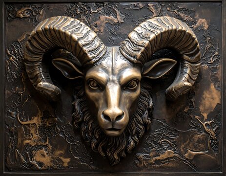 Detailed sculpture of a rams head.