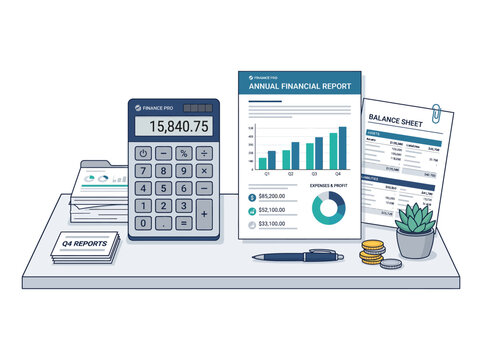 Office desk with calculator and financial reports Vector, illustration