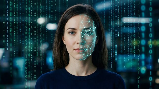 Young Woman Face Biometric Identification Recognition Scan with Digital Mesh Grid Overlay and Binary Code Background, Artificial Intelligence Cyber Security Technology Privacy