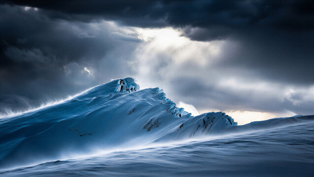 Massive ocean wave crashing during a storm with dramatic clouds, crashing