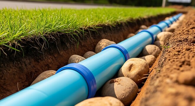 A blue pipe laid in a trench with rocks and soil beside a grassy area