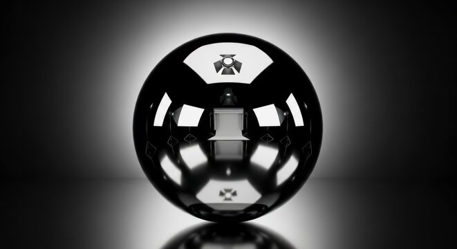 Sph&egrave;re noire brillante &agrave; surface r&eacute;fl&eacute;chissante sur fond sombre