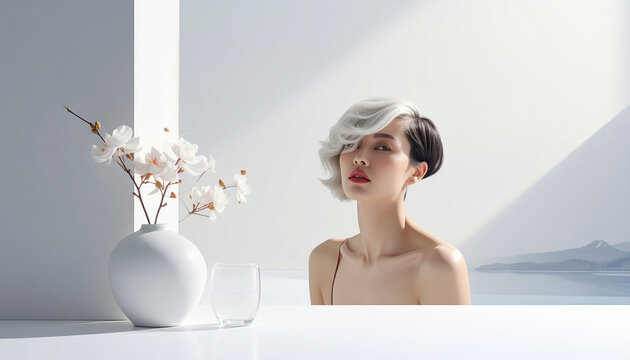 Femme avec une coiffure moderne et un vase