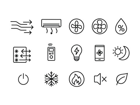 Line icons set of air conditioning and heating symbols and signs isolated on white background