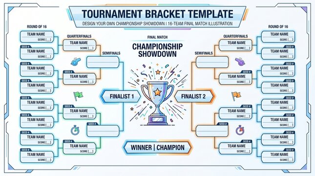 Dynamic Championship Bracket Template Illustration for Sports Events and Competitions, Visualizing Tournament Rounds, Finalist Progress, and the Ultimate Winner