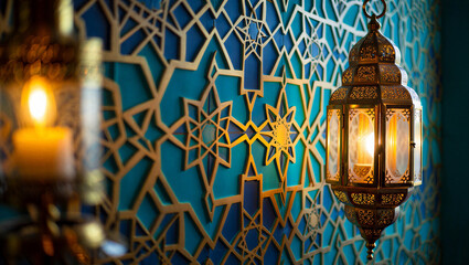 Ornate moroccan lantern and candle with geometric pattern middle east oriental © islamamar