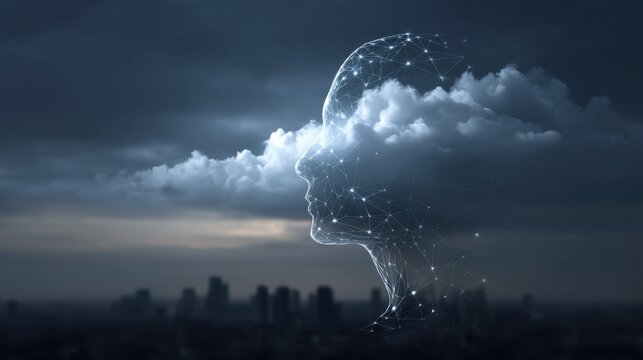 Abstract representation of human mind connected to clouds and cityscape, showcasing thoughts, creativity, and digital transformation against a dark sky.