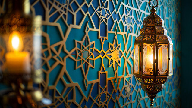 Ornate moroccan lantern and candle with geometric pattern middle east oriental