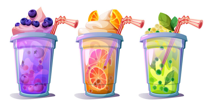Colorful fruit smoothie cups set with blueberry, orange and green grape flavors in cartoon illustration style