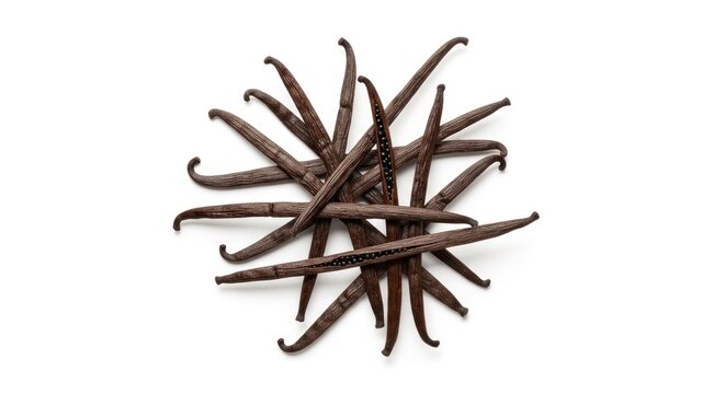 Aromatic Vanilla Beans Scattered on a White Background.