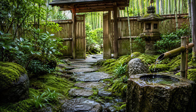 Japanese tea garden roji with tsukubai bamboo spout and mossy path