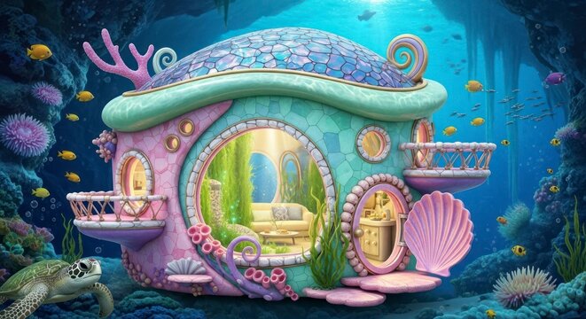 Illustration d'une habitation sous-marine fantastique avec la vie marine et un design color&eacute;