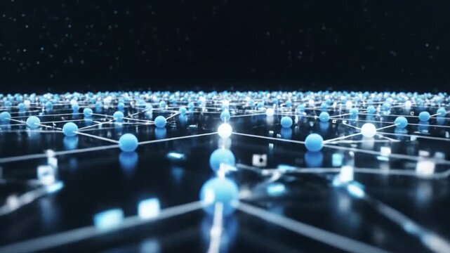 Glowing digital cloud network of data packets hovering in dark space, representing global connection and futuristic technology
