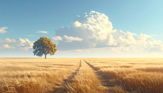 Champ avec un arbre sous un ciel bleu
