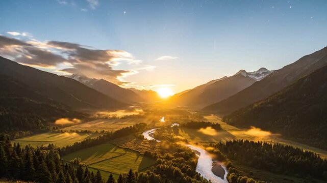 Majestic Valley Sunrise with River Winding Through Mountains at Dawn