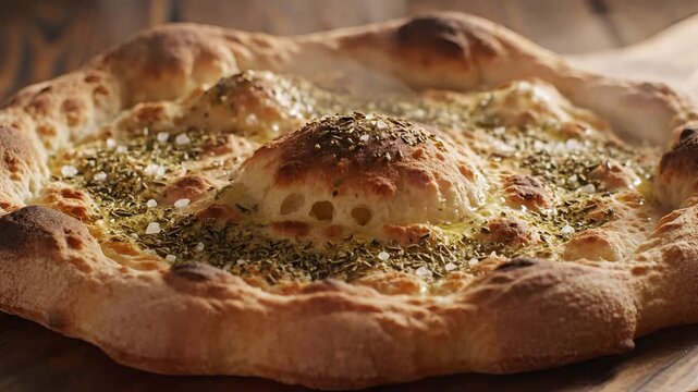 Deliciously Baked Flatbread Topped with Zaatar and Olive Oil.