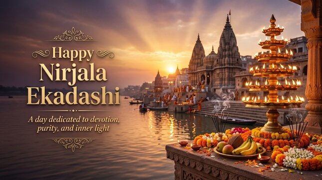 Happy Nirjala Ekadashi festival banner with temple river ghat and puja offerings