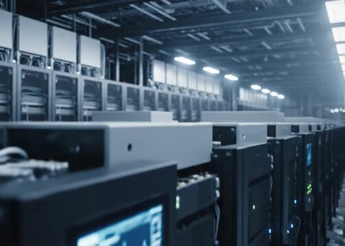 Row of Server Racks with Displays and Indicator Lights in a Data Center, Showcasing Technology