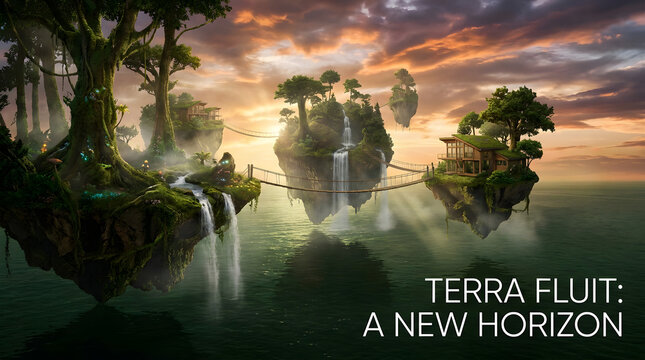 Floating islands with waterfalls bridges lush vegetation at sunset fantasy landscape digital painting