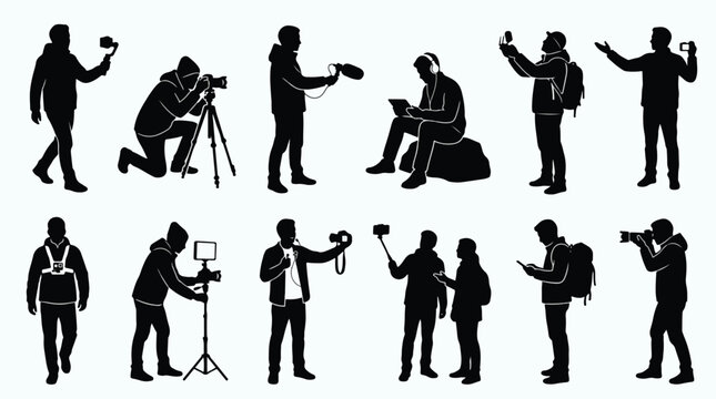 Content creator silhouettes icon set with editable videographer line icons vector illustration asset