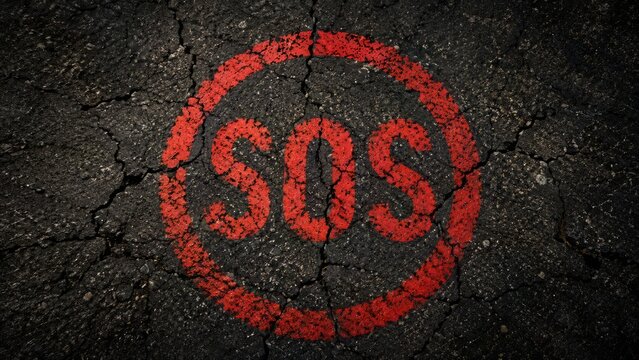 SOS Emergency Sign Painted on Cracked Asphalt Surface with Distress Concept

