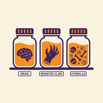 Three spooky glass jars containing a brain, a monster claw, and skulls with eyeballs. Flat vector illustration for Halloween design.
