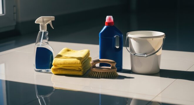 Cleaning supplies including spray bottle, rags, brush, bucket, and detergent.