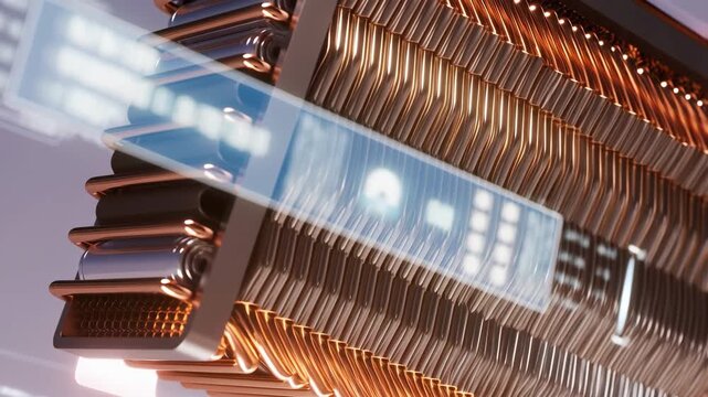 Futuristic 3D animation of a CPU cooler with a holographic data interface