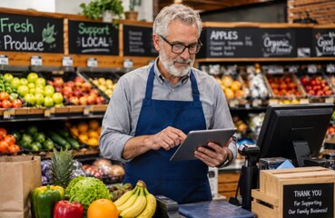 Fototapeta premium Small Business Owner Using Tablet at Grocery Store Counter with Fresh Produce and Retail Environment