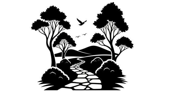 Silhouette of a winding stone path through trees and hills with birds flying