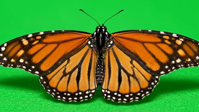 A close-up shot of a monarch butterfly spreads its vibrant wings on a green surface.
