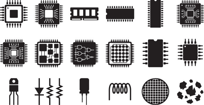 Set of electronic components integrated circuit chips resistors capacitors and diodes black icons isolated on transparent background.
