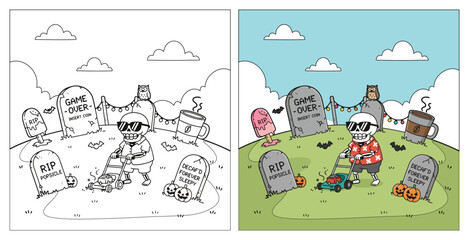 Naklejka premium Skeleton mows the lawn in a funny graveyard with grave markers for a humorous Halloween coloring page