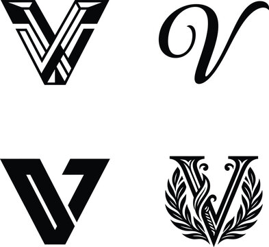 A assortment of four diverse artistic letter v logo designs featuring various bold styles for proficient branding.