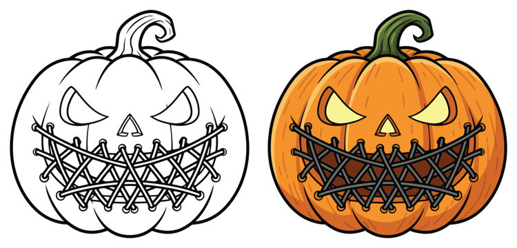  Halloween pumpkin with an angry face and stitched mouth makes a fun activity for a creative coloring page