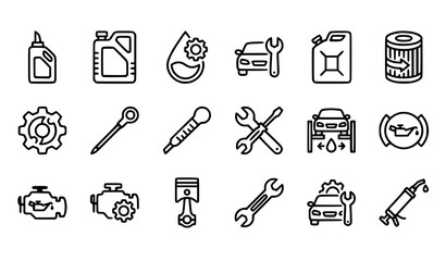 Fototapeta premium Modern motor oil outline icons set with automotive lubricant and car maintenance symbols