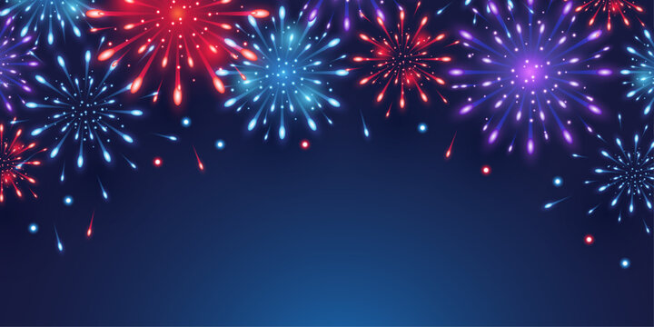Background with Fireworks and Space for Text. Blue and Red Realistic Bright 3D Fireworks for Banner Poster Greeting Card Template. Vector illustration for holidays Social media sales flyer invitations