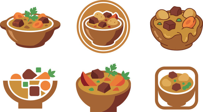 Six brown bowls of stew with vegetables and meat chunks on white background