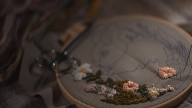 Tranquil Embroidery Piece Showcasing Bunny Sketch Surrounded By Blooming Daisies And Textured Layers . Media