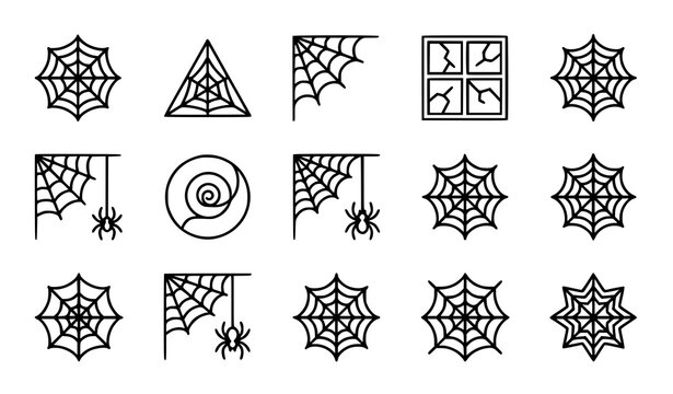 Web spider cobweb outline icons set with spooky halloween web shapes and spider symbols