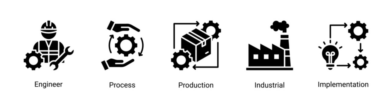 Industrial process icon set featuring engineering,production and implementation workflow vector collection