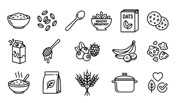 Healthy oatmeal outline icons set with breakfast cereal and organic food symbols