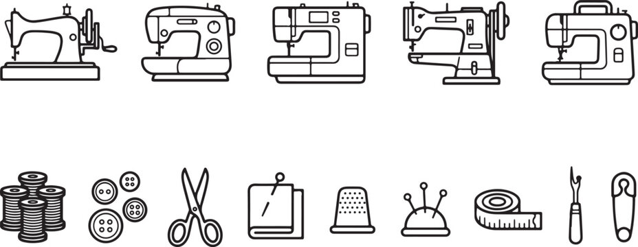 Sewing machine icons and sewing tools set vector illustration isolated on transparent background for crafts and embroidery.
