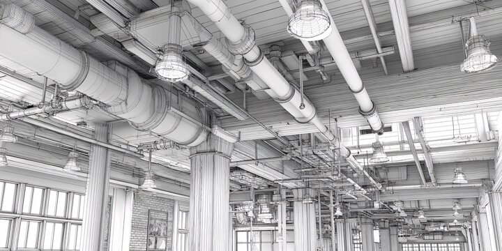 industrial ceiling with exposed pipes and ductwork in modern loft style office